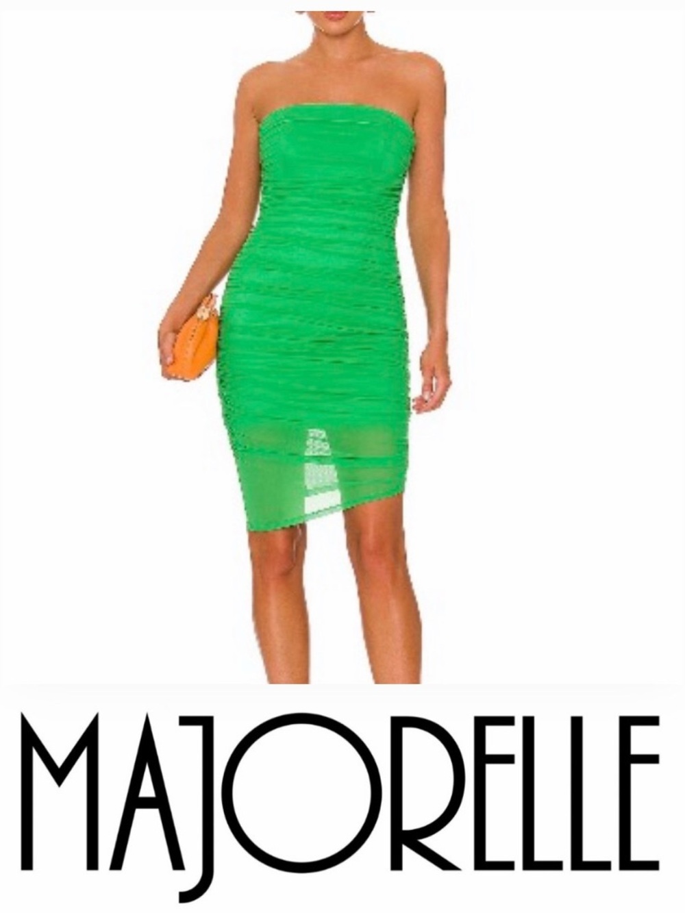 MAJORELLE Ursula Dress: Strapless Ruched Bodycon Dress in Neon Green
